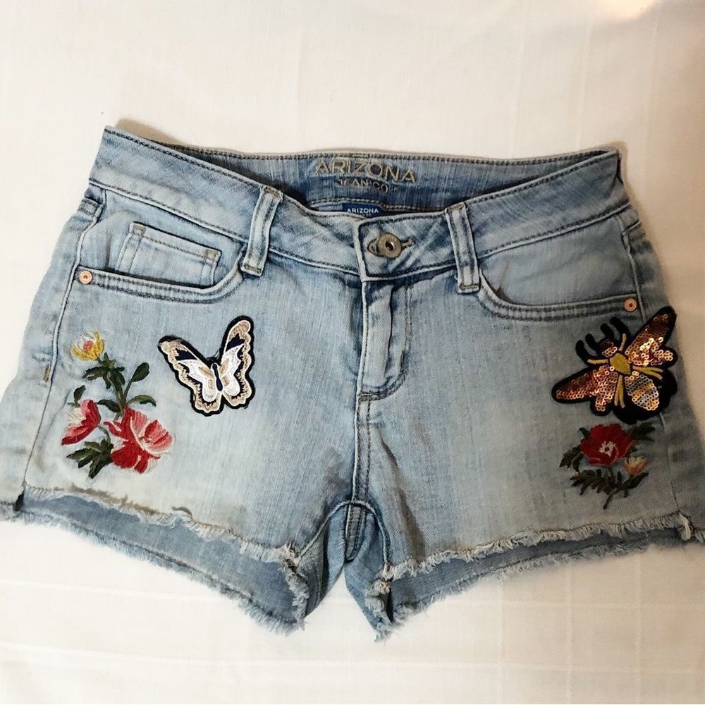 Denim Cut-Off Jean Shorts w/Butterfly Patches & Floral Embroidery Size 1